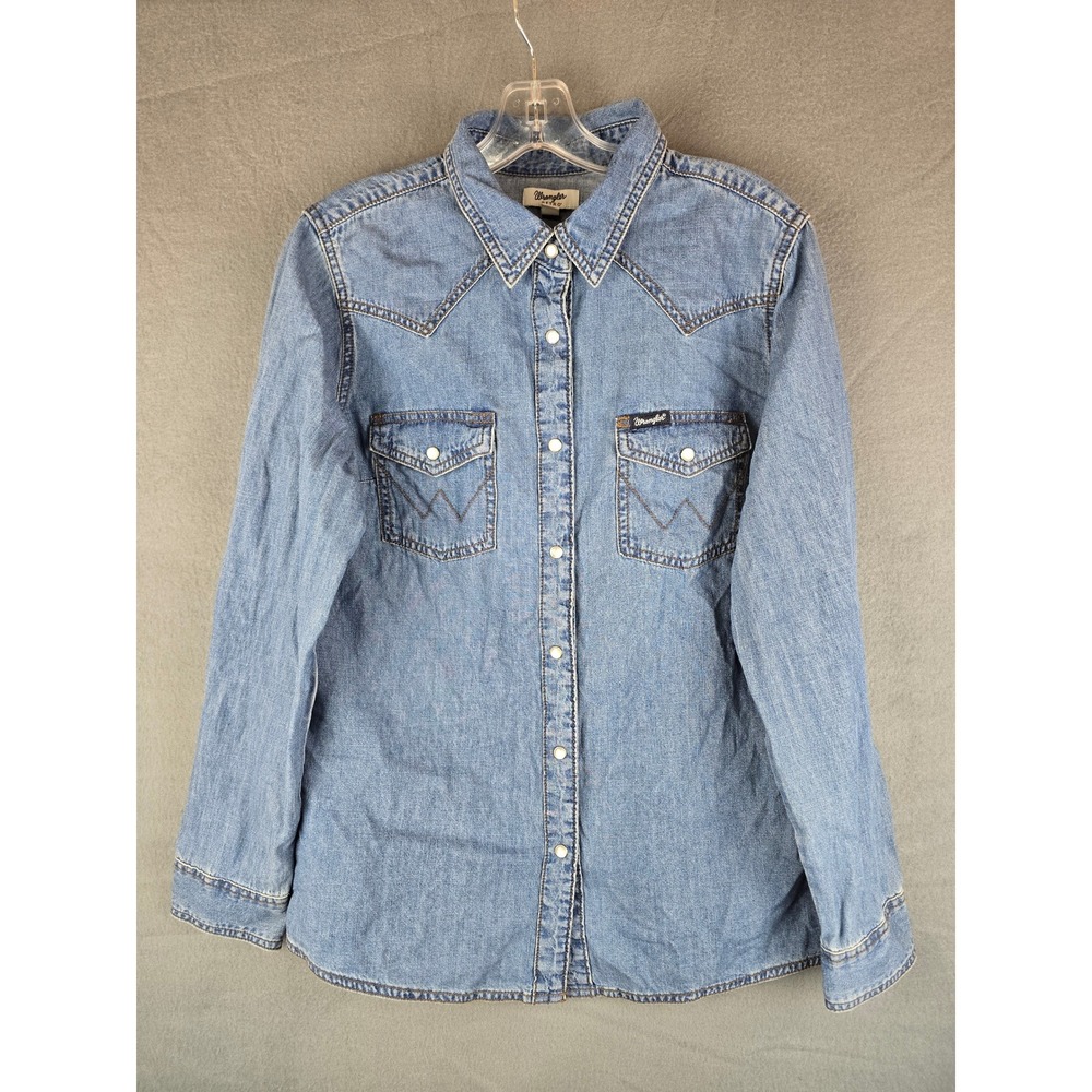 Wrangler Retro Western Shirt Womens M Blue Denim Pearl Snap 10LW7006D Cowgirl
